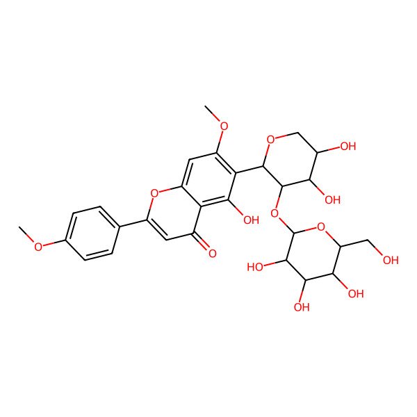2D Structure of 6-[(2S,3R,4S,5R)-4,5-dihydroxy-3-[(2S,3R,4S,5S,6R)-3,4,5-trihydroxy-6-(hydroxymethyl)oxan-2-yl]oxyoxan-2-yl]-5-hydroxy-7-methoxy-2-(4-methoxyphenyl)chromen-4-one