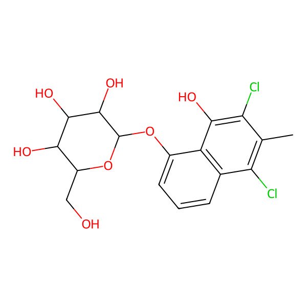 2D Structure of (2S,3R,4S,5S,6R)-2-(5,7-dichloro-8-hydroxy-6-methylnaphthalen-1-yl)oxy-6-(hydroxymethyl)oxane-3,4,5-triol 2D Structure of (2S,3R,4S,5S,6R)-2-(5,7-dichloro-8-hydroxy-6-methylnaphthalen-1-yl)oxy-6-(hydroxymethyl)oxane-3,4,5-triol