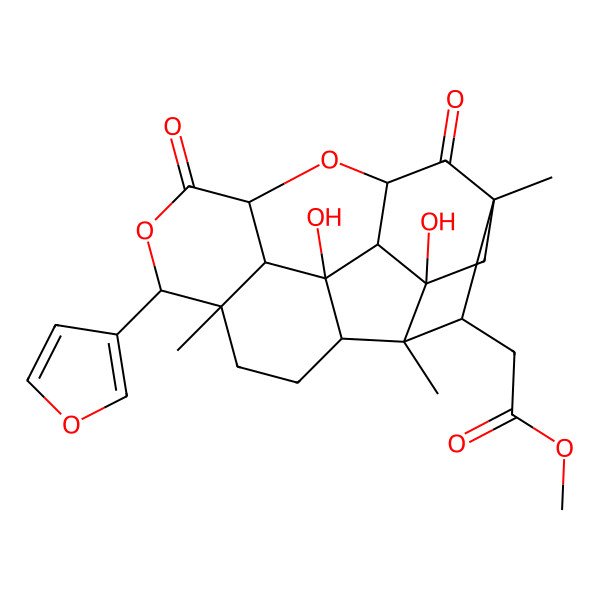 2D Structure of methyl 2-[(1S,2R,3S,4S,5R,6R,8R,10S,13R,14R,17R,18S)-13-(furan-3-yl)-1,3-dihydroxy-4,6,14-trimethyl-7,11-dioxo-9,12-dioxahexacyclo[8.7.1.13,6.02,8.04,17.014,18]nonadecan-5-yl]acetate