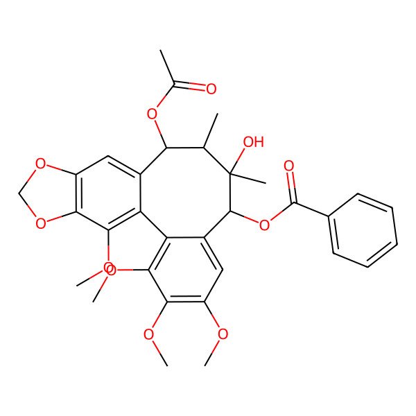 2D Structure of (11-Acetyloxy-9-hydroxy-3,4,5,19-tetramethoxy-9,10-dimethyl-15,17-dioxatetracyclo[10.7.0.02,7.014,18]nonadeca-1(19),2,4,6,12,14(18)-hexaen-8-yl) benzoate