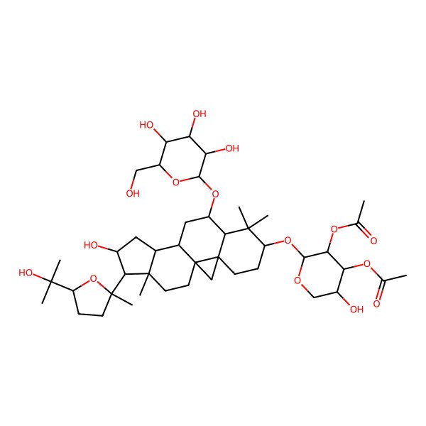 2D Structure of [3-Acetyloxy-5-hydroxy-2-[[14-hydroxy-15-[5-(2-hydroxypropan-2-yl)-2-methyloxolan-2-yl]-7,7,16-trimethyl-9-[3,4,5-trihydroxy-6-(hydroxymethyl)oxan-2-yl]oxy-6-pentacyclo[9.7.0.01,3.03,8.012,16]octadecanyl]oxy]oxan-4-yl] acetate