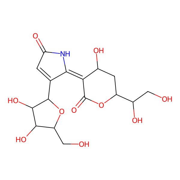 2D Structure of (5Z)-5-[6-(1,2-dihydroxyethyl)-4-hydroxy-2-oxooxan-3-ylidene]-4-[3,4-dihydroxy-5-(hydroxymethyl)oxolan-2-yl]pyrrol-2-one