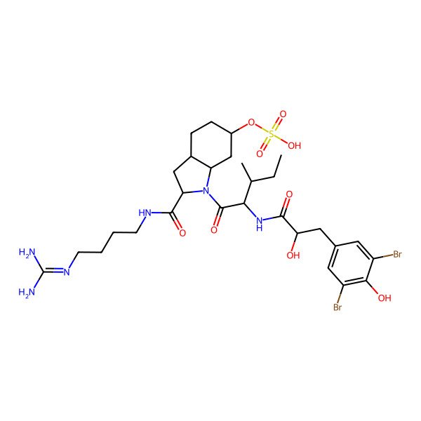 2D Structure of [2-[4-(Diaminomethylideneamino)butylcarbamoyl]-1-[2-[[3-(3,5-dibromo-4-hydroxyphenyl)-2-hydroxypropanoyl]amino]-3-methylpentanoyl]-2,3,3a,4,5,6,7,7a-octahydroindol-6-yl] hydrogen sulfate