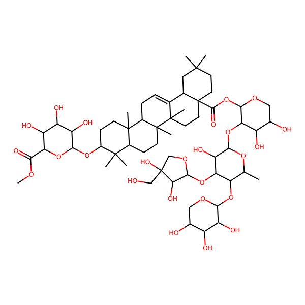 2D Structure of Methyl 6-[[8a-[3-[4-[3,4-dihydroxy-4-(hydroxymethyl)oxolan-2-yl]oxy-3-hydroxy-6-methyl-5-(3,4,5-trihydroxyoxan-2-yl)oxyoxan-2-yl]oxy-4,5-dihydroxyoxan-2-yl]oxycarbonyl-4,4,6a,6b,11,11,14b-heptamethyl-1,2,3,4a,5,6,7,8,9,10,12,12a,14,14a-tetradecahydropicen-3-yl]oxy]-3,4,5-trihydroxyoxane-2-carboxylate