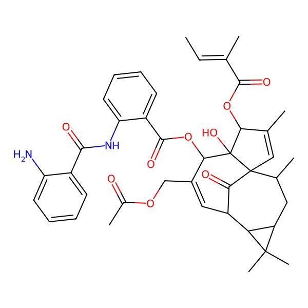2D Structure of [7-(Acetyloxymethyl)-5-hydroxy-3,11,11,14-tetramethyl-4-(2-methylbut-2-enoyloxy)-15-oxo-6-tetracyclo[7.5.1.01,5.010,12]pentadeca-2,7-dienyl] 2-[(2-aminobenzoyl)amino]benzoate
