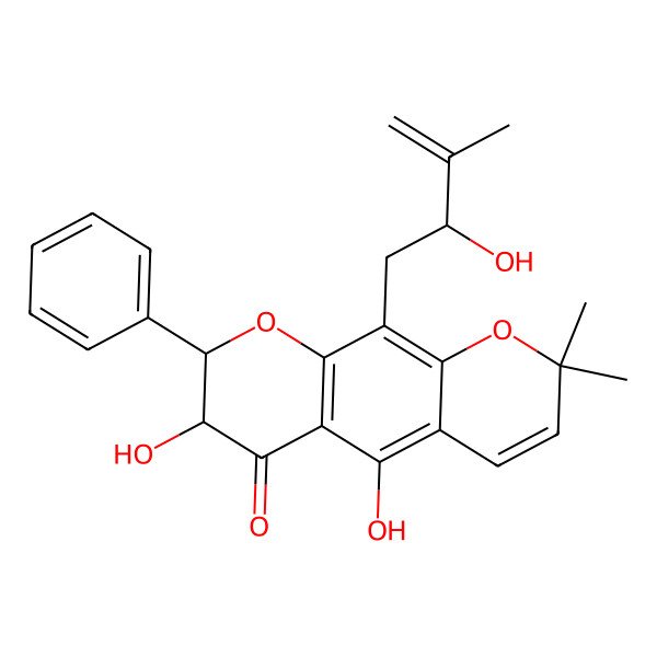 2D Structure of (7R,8R)-5,7-dihydroxy-10-[(2R)-2-hydroxy-3-methylbut-3-enyl]-2,2-dimethyl-8-phenyl-7,8-dihydropyrano[3,2-g]chromen-6-one