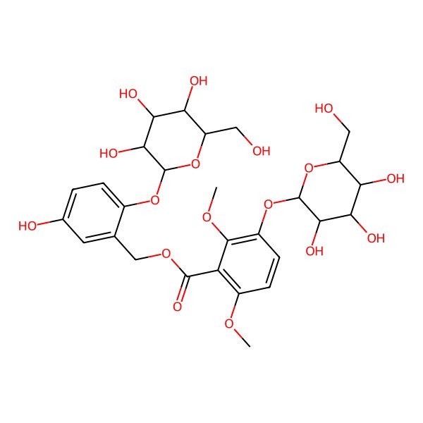 2D Structure of [5-hydroxy-2-[(2S,3R,4S,5S,6R)-3,4,5-trihydroxy-6-(hydroxymethyl)oxan-2-yl]oxyphenyl]methyl 2,6-dimethoxy-3-[(2S,3R,4S,5S,6R)-3,4,5-trihydroxy-6-(hydroxymethyl)oxan-2-yl]oxybenzoate
