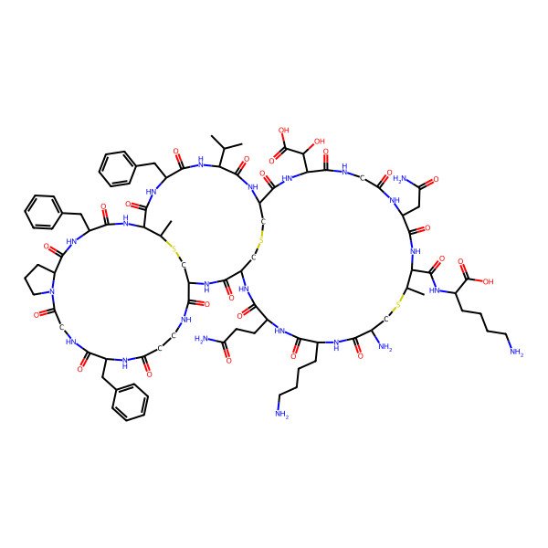2D Structure of (2S)-6-amino-2-[[(11S,23S,29S,32S,38S,44S,47R,51R,54S,57S)-51-amino-54-(4-aminobutyl)-44-(2-amino-2-oxoethyl)-57-(3-amino-3-oxopropyl)-11,23,29-tribenzyl-38-[carboxy(hydroxy)methyl]-48,63-dimethyl-2,5,9,12,15,21,24,27,30,33,36,39,42,45,52,55,58-heptadecaoxo-32-propan-2-yl-49,61,64-trithia-3,6,10,13,16,22,25,28,31,34,37,40,43,46,53,56,59-heptadecazatetracyclo[33.24.3.34,26.016,20]pentahexacontane-47-carbonyl]amino]hexanoic acid