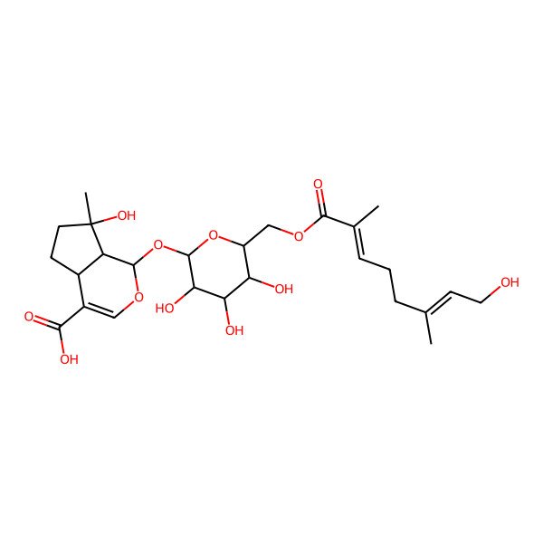 2D Structure of (1S,4aS,7S,7aS)-7-hydroxy-7-methyl-1-[(2S,3R,4S,5S,6R)-3,4,5-trihydroxy-6-[[(2E,6E)-8-hydroxy-2,6-dimethylocta-2,6-dienoyl]oxymethyl]oxan-2-yl]oxy-4a,5,6,7a-tetrahydro-1H-cyclopenta[c]pyran-4-carboxylic acid