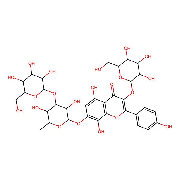 2D Structure of 7-[(2S,3R,4R,5S,6S)-3,5-dihydroxy-6-methyl-4-[(2S,3R,4S,5S,6R)-3,4,5-trihydroxy-6-(hydroxymethyl)oxan-2-yl]oxyoxan-2-yl]oxy-5,8-dihydroxy-2-(4-hydroxyphenyl)-3-[(2S,3R,4S,5S,6R)-3,4,5-trihydroxy-6-(hydroxymethyl)oxan-2-yl]oxychromen-4-one