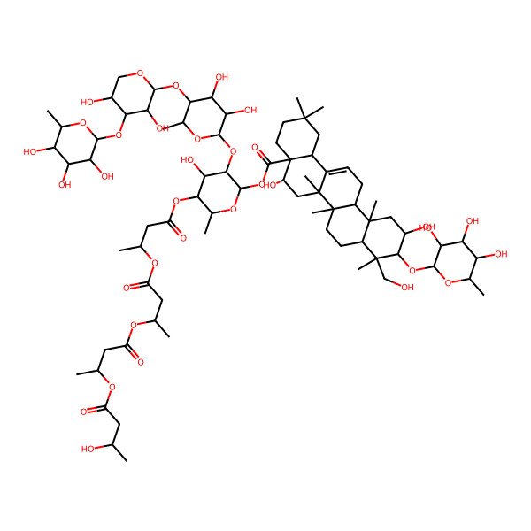2D Structure of [(2S,3R,4S,5R,6R)-3-[(2S,3R,4S,5R,6S)-5-[(2S,3R,4S,5R)-3,5-dihydroxy-4-[(2S,3R,4R,5R,6S)-3,4,5-trihydroxy-6-methyloxan-2-yl]oxyoxan-2-yl]oxy-3,4-dihydroxy-6-methyloxan-2-yl]oxy-4-hydroxy-5-[(3S)-3-[(3S)-3-[(3S)-3-[(3S)-3-hydroxybutanoyl]oxybutanoyl]oxybutanoyl]oxybutanoyl]oxy-6-methyloxan-2-yl] (4aR,5R,6aR,6aS,6bR,8aR,9R,10R,11S,12aR,14bS)-5,11-dihydroxy-9-(hydroxymethyl)-2,2,6a,6b,9,12a-hexamethyl-10-[(2S,3R,4R,5R,6S)-3,4,5-trihydroxy-6-methyloxan-2-yl]oxy-1,3,4,5,6,6a,7,8,8a,10,11,12,13,14b-tetradecahydropicene-4a-carboxylate