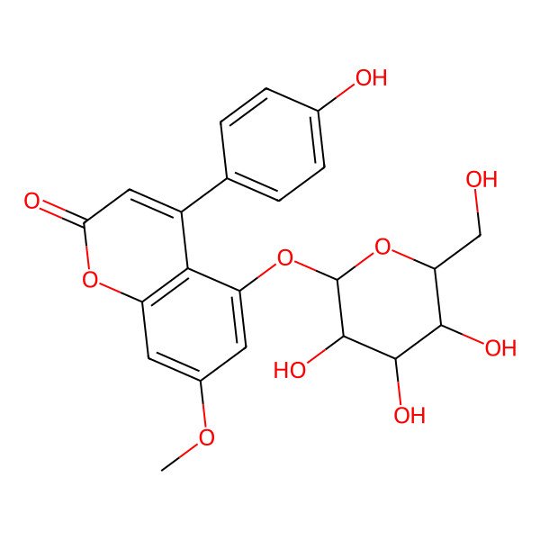2D Structure of 4-(4-hydroxyphenyl)-7-methoxy-5-[(2S,3R,4S,5S,6R)-3,4,5-trihydroxy-6-(hydroxymethyl)oxan-2-yl]oxychromen-2-one