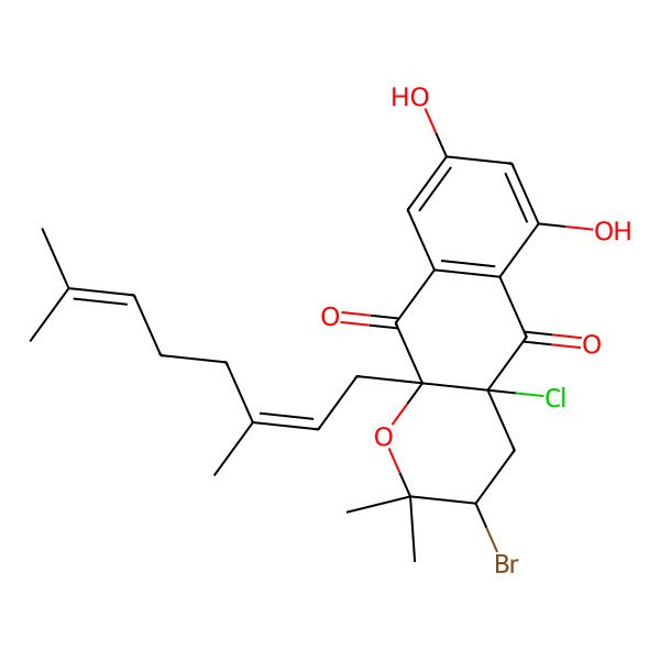 2D Structure of (3R,4aR,10aS)-3-bromo-4a-chloro-10a-[(2E)-3,7-dimethylocta-2,6-dienyl]-6,8-dihydroxy-2,2-dimethyl-3,4-dihydrobenzo[g]chromene-5,10-dione