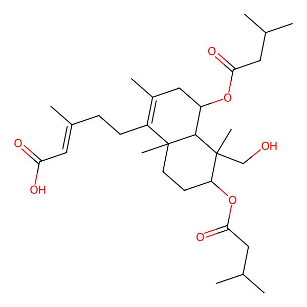 2D Structure of 5-[5-(Hydroxymethyl)-2,5,8a-trimethyl-4,6-bis(3-methylbutanoyloxy)-3,4,4a,6,7,8-hexahydronaphthalen-1-yl]-3-methylpent-2-enoic acid