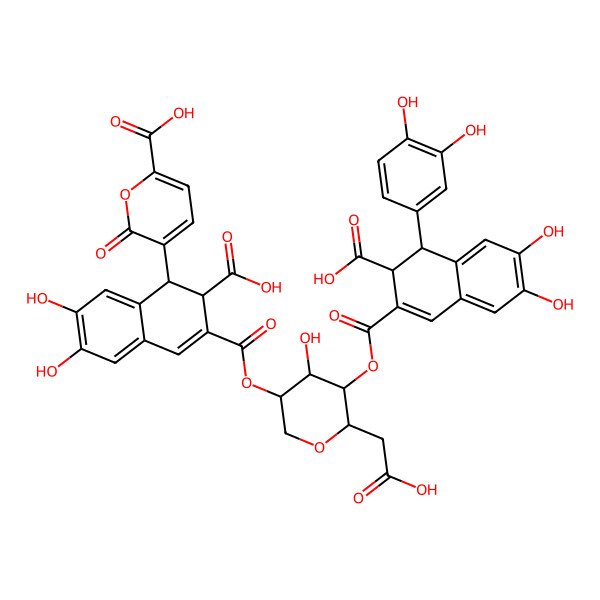 2D Structure of 5-[(1R,2R)-2-carboxy-3-[(3S,4S,5R,6S)-5-[(3S,4R)-3-carboxy-4-(3,4-dihydroxyphenyl)-6,7-dihydroxy-3,4-dihydronaphthalene-2-carbonyl]oxy-6-(carboxymethyl)-4-hydroxyoxan-3-yl]oxycarbonyl-6,7-dihydroxy-1,2-dihydronaphthalen-1-yl]-6-oxopyran-2-carboxylic acid