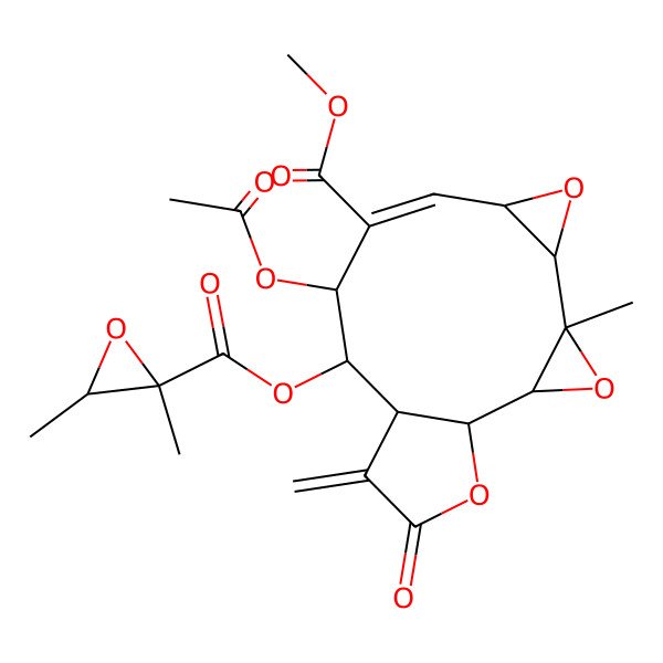 2D Structure of methyl (1S,2R,4R,5R,7R,8E,10R,11S,12R)-10-acetyloxy-11-[(2S,3S)-2,3-dimethyloxirane-2-carbonyl]oxy-4-methyl-13-methylidene-14-oxo-3,6,15-trioxatetracyclo[10.3.0.02,4.05,7]pentadec-8-ene-9-carboxylate