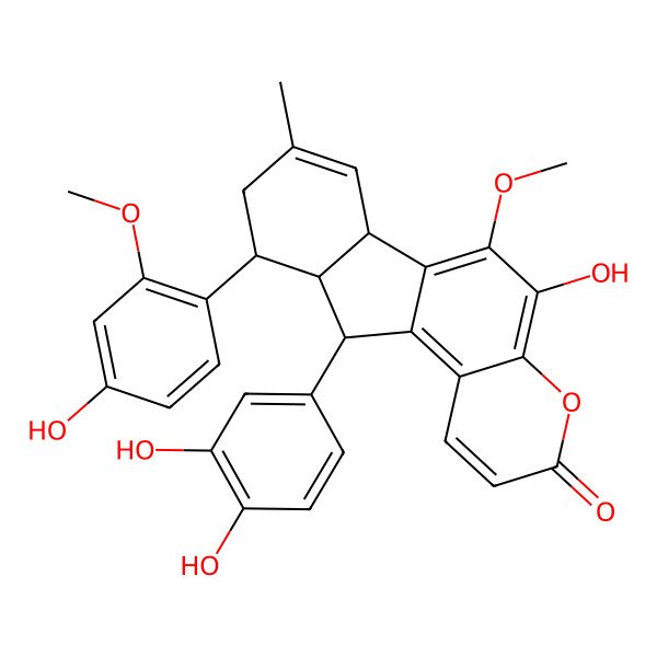 2D Structure of (6bS,10R,10aS,11S)-11-(3,4-dihydroxyphenyl)-5-hydroxy-10-(4-hydroxy-2-methoxyphenyl)-6-methoxy-8-methyl-9,10,10a,11-tetrahydro-6bH-indeno[2,1-f]chromen-3-one