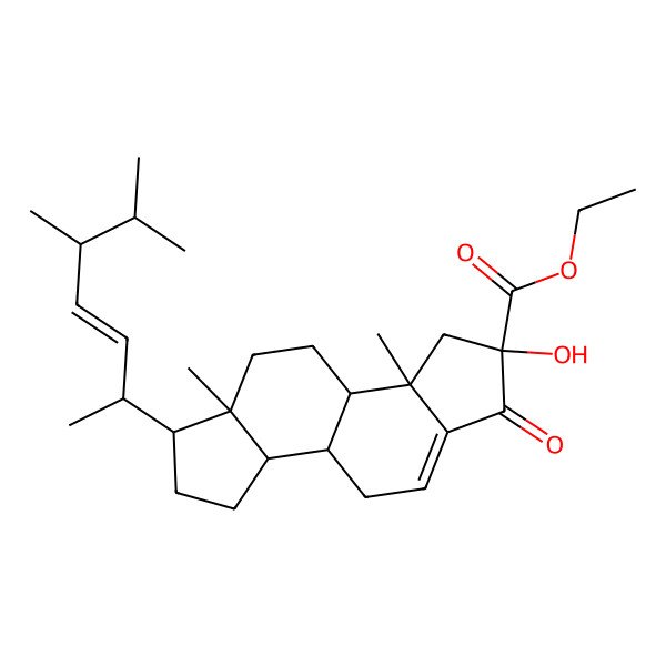 2D Structure of ethyl (2S,3aR,3bS,5aR,6R,8aS,8bS)-6-[(E,2R,5R)-5,6-dimethylhept-3-en-2-yl]-2-hydroxy-3a,5a-dimethyl-1-oxo-3,3b,4,5,6,7,8,8a,8b,9-decahydroindeno[5,4-e]indene-2-carboxylate