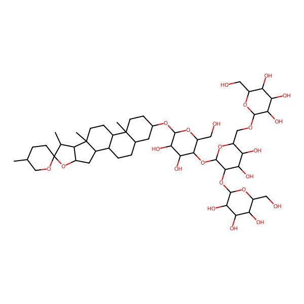 2D Structure of (2S,3S,4R,5S,6S)-2-[[(2S,3R,4R,5S,6R)-6-[(2S,3R,4S,5S,6S)-4,5-dihydroxy-2-(hydroxymethyl)-6-[(1S,2S,4R,5'S,6R,7R,8S,9S,12S,13S,16S,18R)-5',7,9,13-tetramethylspiro[5-oxapentacyclo[10.8.0.02,9.04,8.013,18]icosane-6,2'-oxane]-16-yl]oxyoxan-3-yl]oxy-3,4-dihydroxy-5-[(2S,3S,4R,5S,6S)-3,4,5-trihydroxy-6-(hydroxymethyl)oxan-2-yl]oxyoxan-2-yl]methoxy]-6-(hydroxymethyl)oxane-3,4,5-triol