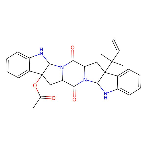 2D Structure of [25-(2-Methylbut-3-en-2-yl)-2,15-dioxo-3,5,16,18-tetrazaheptacyclo[14.10.0.03,14.04,12.06,11.017,25.019,24]hexacosa-6,8,10,19,21,23-hexaen-12-yl] acetate