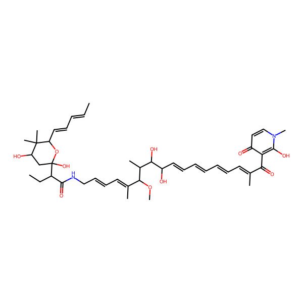 2D Structure of 2-[(2S,4S,6S)-2,4-dihydroxy-5,5-dimethyl-6-[(1E,3Z)-penta-1,3-dienyl]oxan-2-yl]-N-[(2E,4Z,6R,7S,9S,10Z,12E,14E,16E)-8,9-dihydroxy-18-(2-hydroxy-1-methyl-4-oxo-3-pyridinyl)-6-methoxy-5,7,17-trimethyl-18-oxooctadeca-2,4,10,12,14,16-hexaenyl]butanamide