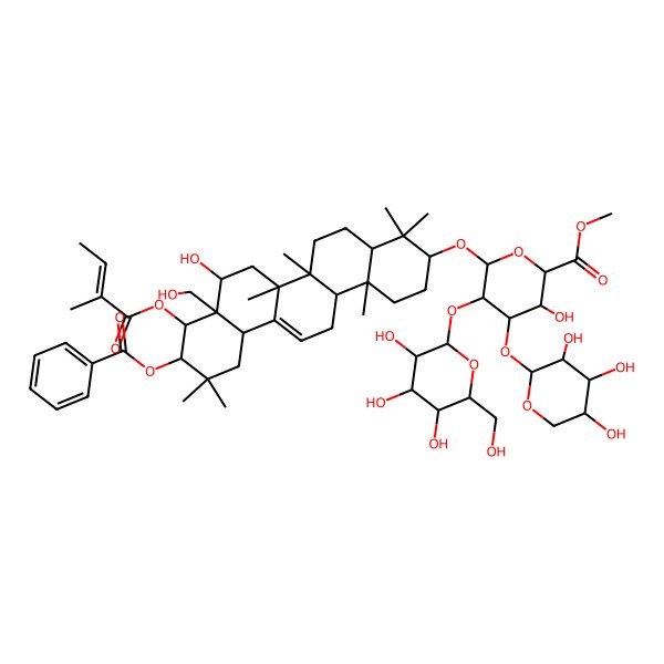 2D Structure of methyl (2S,3S,4S,5R,6R)-6-[[(3S,4aR,6aR,6bS,8R,8aR,9R,10R,12aS,14aR,14bR)-10-benzoyloxy-8-hydroxy-8a-(hydroxymethyl)-4,4,6a,6b,11,11,14b-heptamethyl-9-[(Z)-2-methylbut-2-enoyl]oxy-1,2,3,4a,5,6,7,8,9,10,12,12a,14,14a-tetradecahydropicen-3-yl]oxy]-3-hydroxy-5-[(2S,3R,4S,5R,6R)-3,4,5-trihydroxy-6-(hydroxymethyl)oxan-2-yl]oxy-4-[(2S,3R,4S,5R)-3,4,5-trihydroxyoxan-2-yl]oxyoxane-2-carboxylate