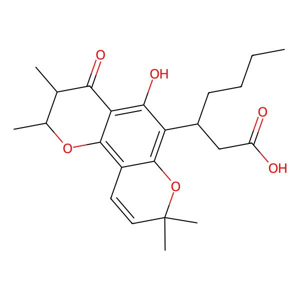 2D Structure of (3S)-3-[(2S,3R)-5-hydroxy-2,3,8,8-tetramethyl-4-oxo-2,3-dihydropyrano[2,3-h]chromen-6-yl]heptanoic acid