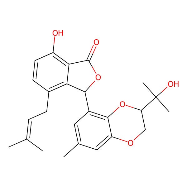 2D Structure of 7-hydroxy-3-[3-(2-hydroxypropan-2-yl)-7-methyl-2,3-dihydro-1,4-benzodioxin-5-yl]-4-(3-methylbut-2-enyl)-3H-2-benzofuran-1-one