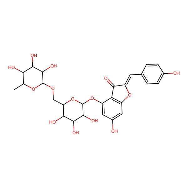 2D Structure of (2E)-6-hydroxy-2-[(4-hydroxyphenyl)methylidene]-4-[(2S,3R,4S,5S,6R)-3,4,5-trihydroxy-6-[[(2R,3S,4R,5R,6S)-3,4,5-trihydroxy-6-methyloxan-2-yl]oxymethyl]oxan-2-yl]oxy-1-benzofuran-3-one