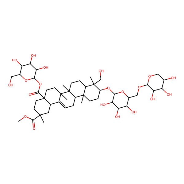 2D Structure of 2-O-methyl 4a-O-[3,4,5-trihydroxy-6-(hydroxymethyl)oxan-2-yl] 9-(hydroxymethyl)-2,6a,6b,9,12a-pentamethyl-10-[3,4,5-trihydroxy-6-[(3,4,5-trihydroxyoxan-2-yl)oxymethyl]oxan-2-yl]oxy-1,3,4,5,6,6a,7,8,8a,10,11,12,13,14b-tetradecahydropicene-2,4a-dicarboxylate