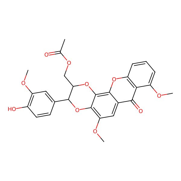 2D Structure of [(2R,3R)-3-(4-hydroxy-3-methoxyphenyl)-5,8-dimethoxy-7-oxo-2,3-dihydro-[1,4]dioxino[2,3-c]xanthen-2-yl]methyl acetate