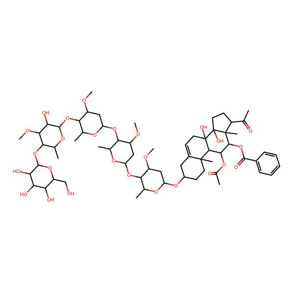 2D Structure of [17-acetyl-11-acetyloxy-8,14-dihydroxy-3-[5-[5-[5-[3-hydroxy-4-methoxy-6-methyl-5-[3,4,5-trihydroxy-6-(hydroxymethyl)oxan-2-yl]oxyoxan-2-yl]oxy-4-methoxy-6-methyloxan-2-yl]oxy-4-methoxy-6-methyloxan-2-yl]oxy-4-methoxy-6-methyloxan-2-yl]oxy-10,13-dimethyl-2,3,4,7,9,11,12,15,16,17-decahydro-1H-cyclopenta[a]phenanthren-12-yl] benzoate