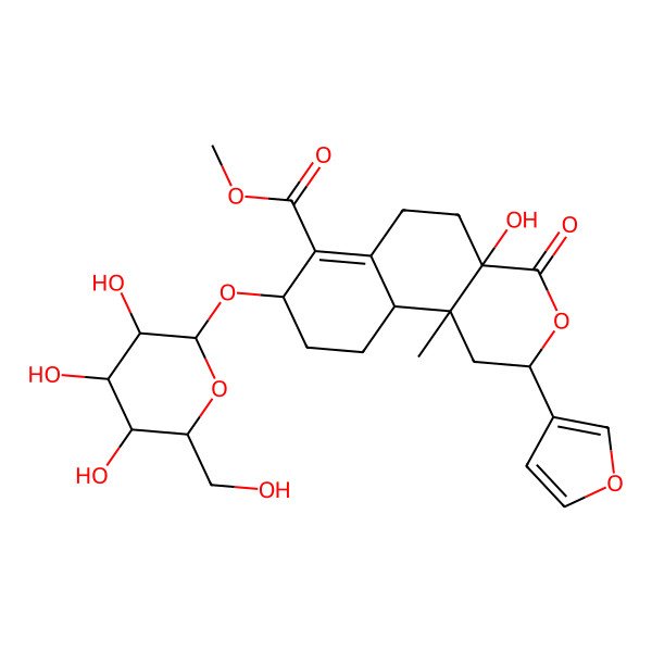 2D Structure of methyl (2S,4aS,8R,10aR,10bS)-2-(furan-3-yl)-4a-hydroxy-10b-methyl-4-oxo-8-[(2R,3R,4S,5S,6R)-3,4,5-trihydroxy-6-(hydroxymethyl)oxan-2-yl]oxy-1,2,5,6,8,9,10,10a-octahydrobenzo[f]isochromene-7-carboxylate