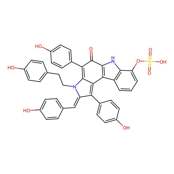 2D Structure of [(2Z)-1,4-bis(4-hydroxyphenyl)-3-[2-(4-hydroxyphenyl)ethyl]-2-[(4-hydroxyphenyl)methylidene]-5-oxo-6H-pyrrolo[3,2-g]carbazol-7-yl] hydrogen sulfate