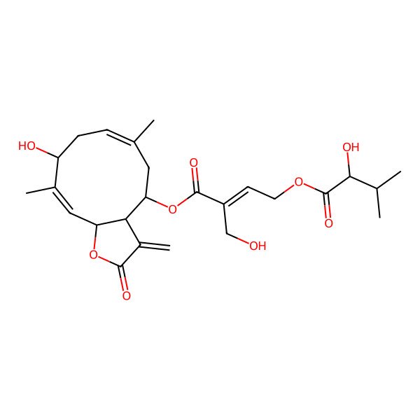 2D Structure of [(3aR,4R,6E,9R,10E,11aR)-9-hydroxy-6,10-dimethyl-3-methylidene-2-oxo-3a,4,5,8,9,11a-hexahydrocyclodeca[b]furan-4-yl] (E)-2-(hydroxymethyl)-4-[(2R)-2-hydroxy-3-methylbutanoyl]oxybut-2-enoate