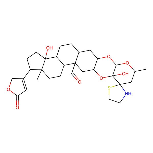 2D Structure of (1'S,2R,3'R,5'S,7'R,10'R,12'R,14'R,15'R,18'R,19'R,22'S,23'R)-10',22'-dihydroxy-7',18'-dimethyl-19'-(5-oxo-2H-furan-3-yl)spiro[1,3-thiazolidine-2,9'-4,6,11-trioxahexacyclo[12.11.0.03,12.05,10.015,23.018,22]pentacosane]-14'-carbaldehyde