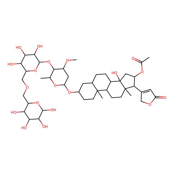 2D Structure of [(3S,5R,8R,9S,10S,13R,14S,16S,17S)-14-hydroxy-3-[(2R,4S,5R,6R)-4-methoxy-6-methyl-5-[(2S,3R,4S,5S,6R)-3,4,5-trihydroxy-6-[[(2R,3S,4S,5R,6R)-3,4,5,6-tetrahydroxyoxan-2-yl]methoxymethyl]oxan-2-yl]oxyoxan-2-yl]oxy-10,13-dimethyl-17-(5-oxo-2H-furan-3-yl)-1,2,3,4,5,6,7,8,9,11,12,15,16,17-tetradecahydrocyclopenta[a]phenanthren-16-yl] acetate