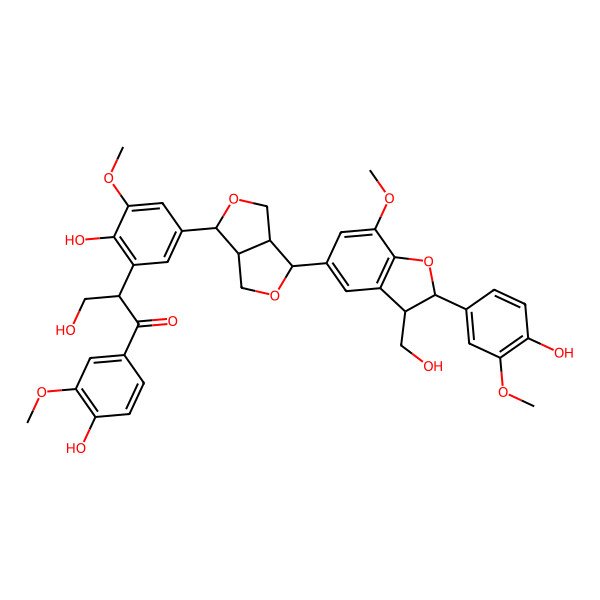 2D Structure of 2-[5-[(3S,3aR,6S,6aR)-3-[2-(4-hydroxy-3-methoxyphenyl)-3-(hydroxymethyl)-7-methoxy-2,3-dihydro-1-benzofuran-5-yl]-1,3,3a,4,6,6a-hexahydrofuro[3,4-c]furan-6-yl]-2-hydroxy-3-methoxyphenyl]-3-hydroxy-1-(4-hydroxy-3-methoxyphenyl)propan-1-one