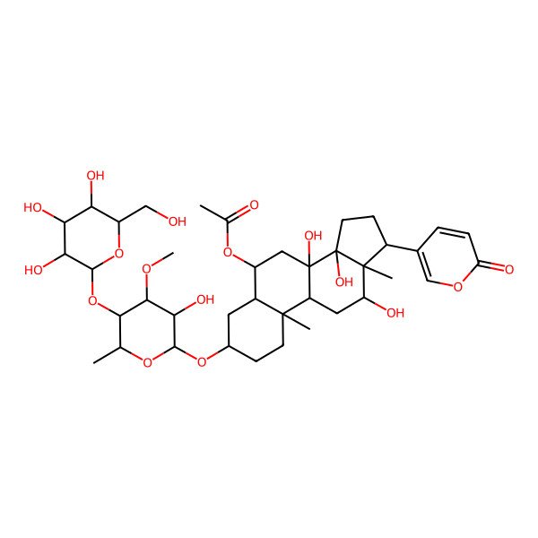 2D Structure of [(3S,5S,6R,8S,9R,10S,12R,13S,14R,17R)-8,12,14-trihydroxy-3-[(2R,3S,4S,5S,6S)-3-hydroxy-4-methoxy-6-methyl-5-[(2S,3R,4S,5S,6R)-3,4,5-trihydroxy-6-(hydroxymethyl)oxan-2-yl]oxyoxan-2-yl]oxy-10,13-dimethyl-17-(6-oxopyran-3-yl)-2,3,4,5,6,7,9,11,12,15,16,17-dodecahydro-1H-cyclopenta[a]phenanthren-6-yl] acetate