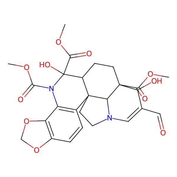 2D Structure of trimethyl (1R,12R,13R,16S,17S,23R)-18-formyl-12,17-dihydroxy-6,8-dioxa-11,20-diazahexacyclo[14.6.1.01,13.02,10.05,9.020,23]tricosa-2(10),3,5(9),18-tetraene-11,12,16-tricarboxylate