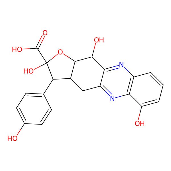 2D Structure of 2,6,11-trihydroxy-3-(4-hydroxyphenyl)-3a,4,11,11a-tetrahydro-3H-furo[2,3-b]phenazine-2-carboxylic acid