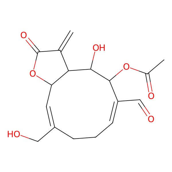 2D Structure of [6-Formyl-4-hydroxy-10-(hydroxymethyl)-3-methylidene-2-oxo-3a,4,5,8,9,11a-hexahydrocyclodeca[b]furan-5-yl] acetate