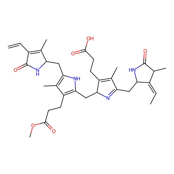 2D Structure of 3-[(2R)-2-[[5-[[(2R)-4-ethenyl-3-methyl-5-oxo-1,2-dihydropyrrol-2-yl]methyl]-3-(3-methoxy-3-oxopropyl)-4-methyl-1H-pyrrol-2-yl]methyl]-5-[[(2R,3E,4S)-3-ethylidene-4-methyl-5-oxopyrrolidin-2-yl]methyl]-4-methyl-2H-pyrrol-3-yl]propanoic acid