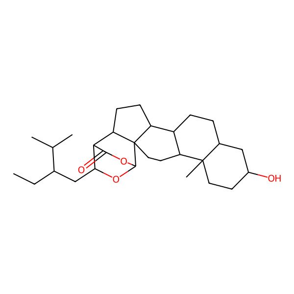 2D Structure of (1R,2R,5S,6S,9S,11S,14R,15S,18R,19R,23R)-23-(2-ethyl-3-methylbutyl)-9-hydroxy-6-methyl-21,22-dioxahexacyclo[17.2.2.02,15.02,18.05,14.06,11]tricosan-20-one