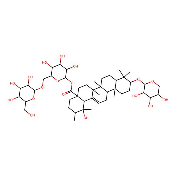 2D Structure of [(2S,3R,4S,5S,6R)-3,4,5-trihydroxy-6-[[(2R,3R,4R,5S,6R)-3,4,5-trihydroxy-6-(hydroxymethyl)oxan-2-yl]oxymethyl]oxan-2-yl] (1R,2R,4aS,6aR,6aS,6bR,8aR,10S,12aR,14bS)-1-hydroxy-1,2,6a,6b,9,9,12a-heptamethyl-10-[(2S,3R,4S,5R)-3,4,5-trihydroxyoxan-2-yl]oxy-2,3,4,5,6,6a,7,8,8a,10,11,12,13,14b-tetradecahydropicene-4a-carboxylate