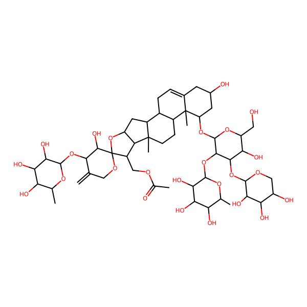 2D Structure of [3',16-Dihydroxy-14-[5-hydroxy-6-(hydroxymethyl)-3-(3,4,5-trihydroxy-6-methyloxan-2-yl)oxy-4-(3,4,5-trihydroxyoxan-2-yl)oxyoxan-2-yl]oxy-9,13-dimethyl-5'-methylidene-4'-(3,4,5-trihydroxy-6-methyloxan-2-yl)oxyspiro[5-oxapentacyclo[10.8.0.02,9.04,8.013,18]icos-18-ene-6,2'-oxane]-7-yl]methyl acetate