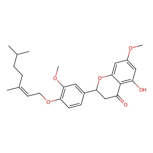 2D Structure of (2S)-2-[4-[(E)-3,6-dimethylhept-2-enoxy]-3-methoxyphenyl]-5-hydroxy-7-methoxy-2,3-dihydrochromen-4-one