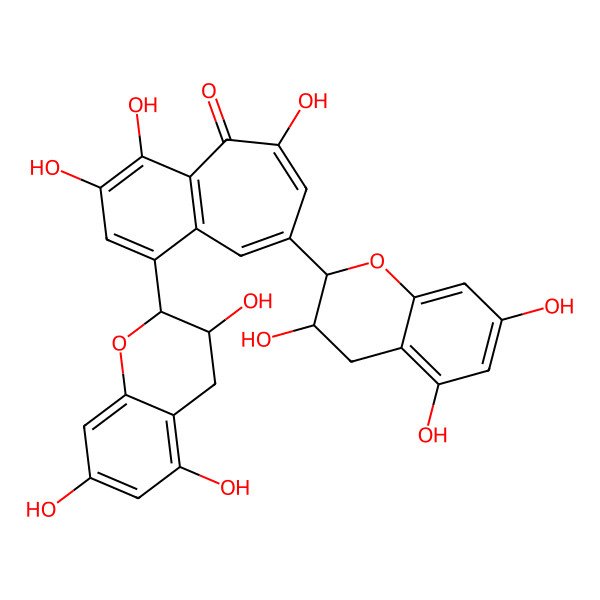 2D Structure of 3,4,6-trihydroxy-8-[(2R,3R)-3,5,7-trihydroxy-3,4-dihydro-2H-chromen-2-yl]-1-(3,5,7-trihydroxy-3,4-dihydro-2H-chromen-2-yl)benzo[7]annulen-5-one
