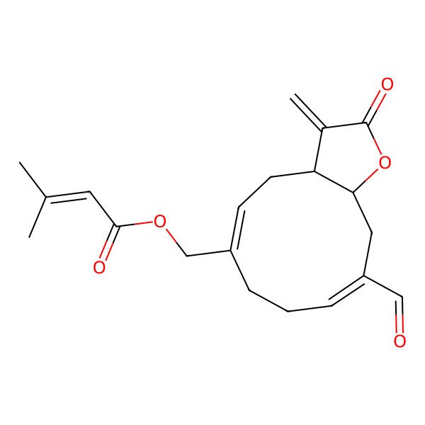 2D Structure of [(3aR,5Z,9E,11aS)-10-formyl-3-methylidene-2-oxo-3a,4,7,8,11,11a-hexahydrocyclodeca[b]furan-6-yl]methyl 3-methylbut-2-enoate