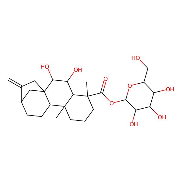 2D Structure of [(2S,3S,4R,5R,6S)-3,4,5-trihydroxy-6-(hydroxymethyl)oxan-2-yl] (1S,2S,3S,4S,5S,9R,10S,13S)-2,3-dihydroxy-5,9-dimethyl-14-methylidenetetracyclo[11.2.1.01,10.04,9]hexadecane-5-carboxylate